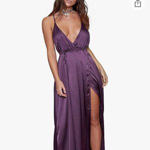 Yimeili Women's Sexy Satin Deep V Neck Backless Split Maxi Cocktail Long Party